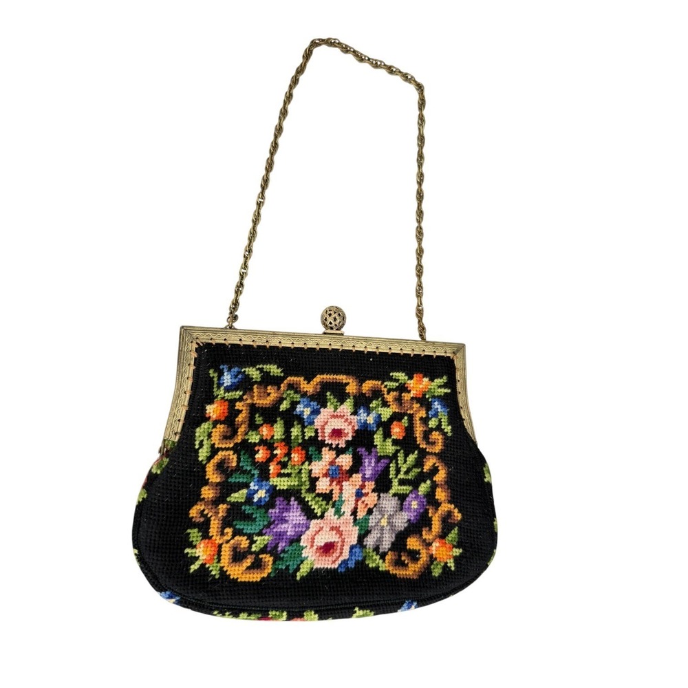 Vintage Floral Needlepoint Evening Bag Black Tapestry Gold Chain Kiss Lock